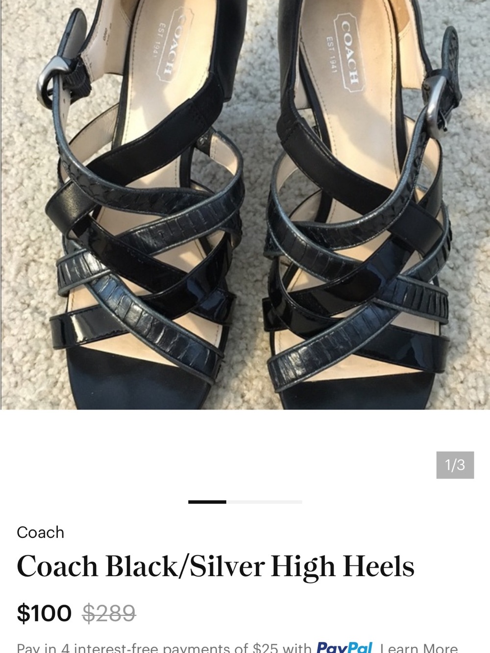 Coach Black Strappy High Heel Sandals with Silver Buckle Detail